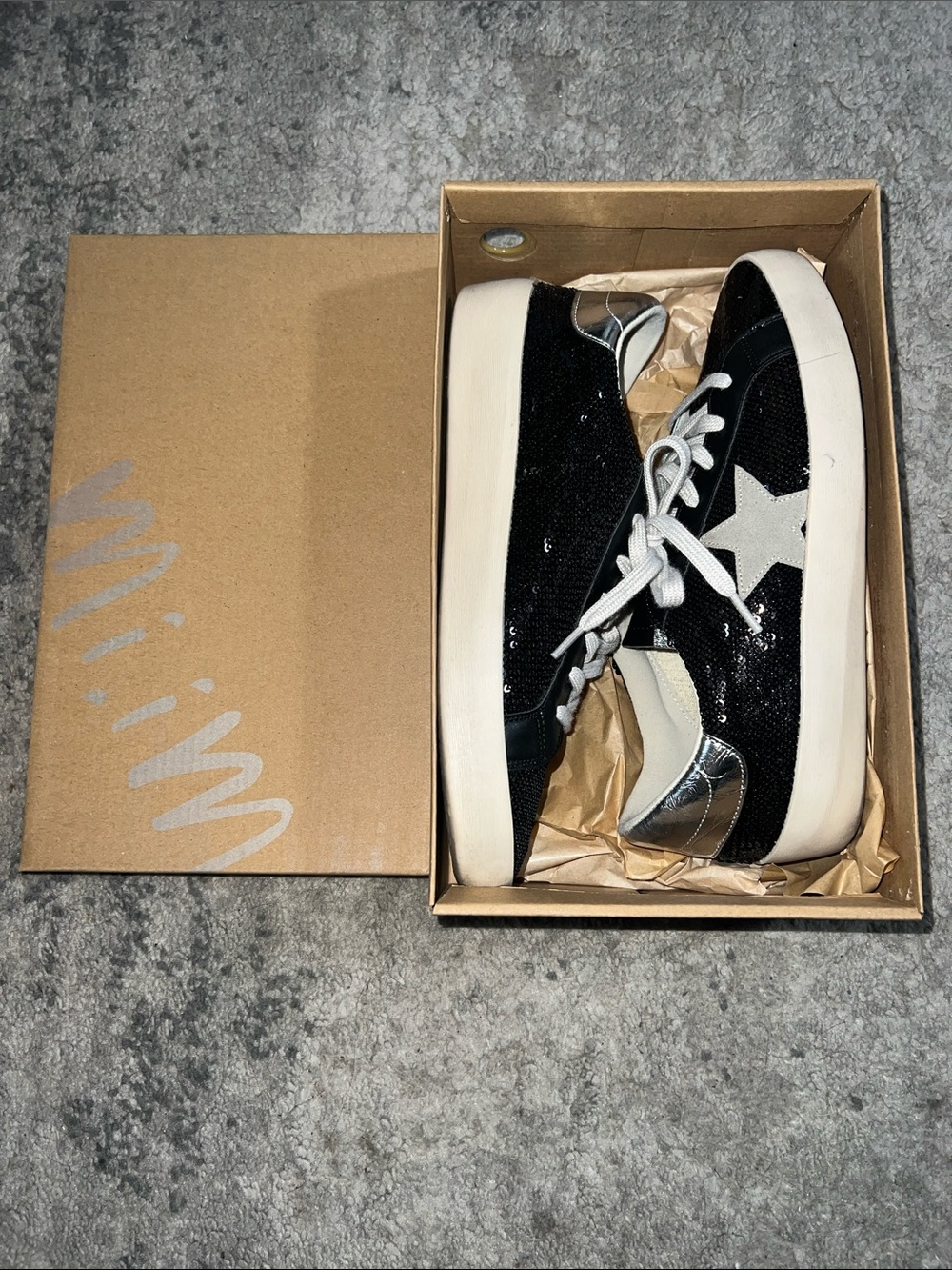 Women’s Black Star-Accent Glitter Sneakers with Silver Heel
